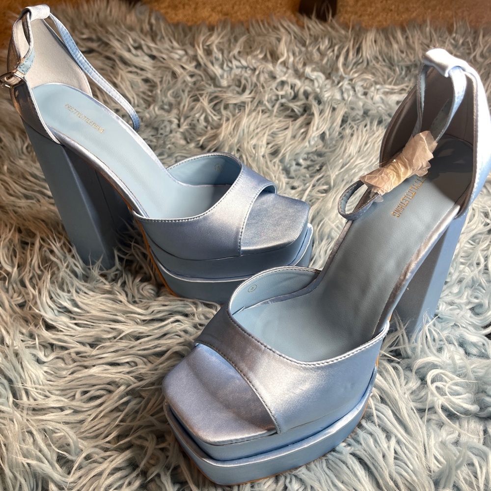 Pretty Little Thing Light Blue Satin Platform Open Toe Heels